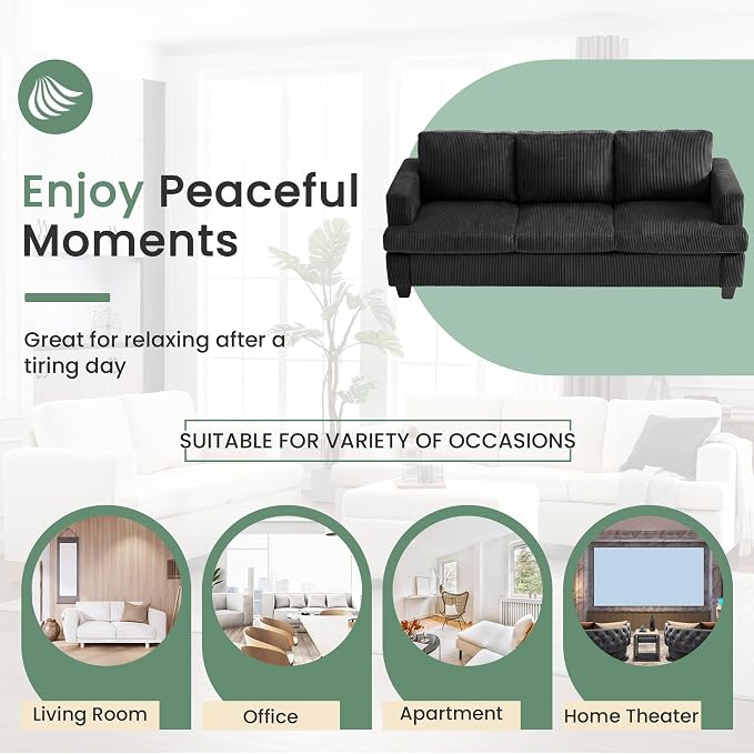 3 Seater Corduroy Couch for Living Room, 89” Black Cloud Sofa, Deep Seat Floor Couch for Bedroom, Futon Modern Sofa Sectional Bed, Black Corduroy