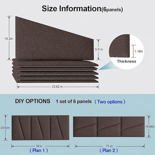 Peel and Stick Headboard Panels for Bed，Soft Padded Fabric Noise-Reducing Panels with Modern Stylish Design for Bedroom Decor (Coffee Brown, Queen)