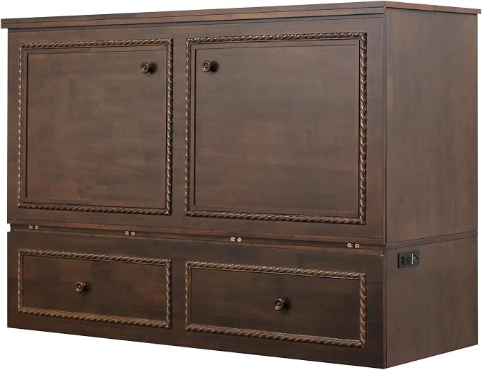 Mega Solutions Venetian Murphy Cabinet Bed with Deepest Storage Drawer On The Market and USB Charging Station 6 inch (Heritage Walnut, Queen)