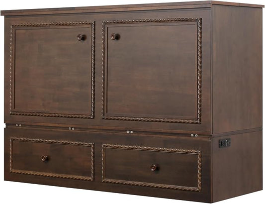 Mega Solutions Venetian Murphy Cabinet Bed with Deepest Storage Drawer On The Market and USB Charging Station 6 inch (Heritage Walnut, Queen)