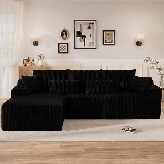 110" L Shaped Cloud Boneless Sectional Couches for Living Room, Modern Comfy Modular Deep Seat Memory Foam Compressed Corduroy Sofa Oversized Left Facing Chaise, No Assembly Required, Balck