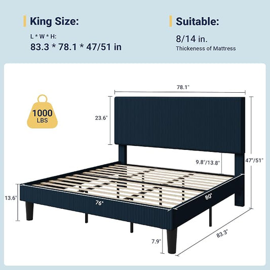 Allewie King Size Upholstered Bed Frame with Vertical Channel Tufted Headboard, Soft Corduroy Fabric Platform Bed, Strong Wooden Slats Support, Easy Assembly, No Box Spring Needed, Dark Blue