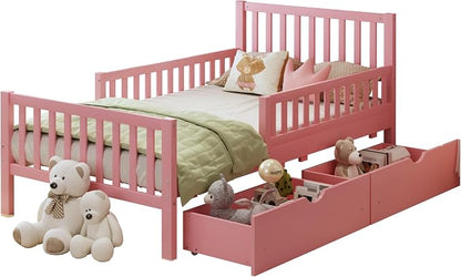 Bellemave Girls Twin Bed Frame with Fences and 2 Drawers, Kids Twin Platform Bed with Guardrails on Both Sides, Pink