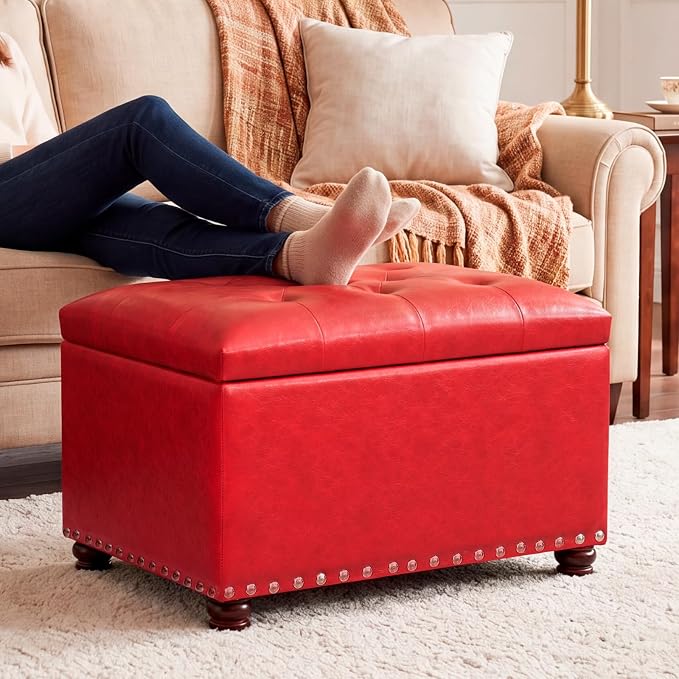 Joveco Leather Storage Ottoman, 24" Rectangle Square Bench Foot Rest Stool for Bedroom Living Room, Red