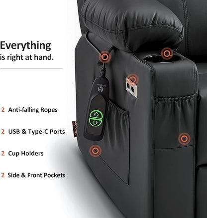 MCombo Large Power Lift Recliner Chair with Massage and Heat for Tall Elderly People, 3 Positions, Cup Holders, and USB Ports, Faux Leather 7516 (Large, Black)