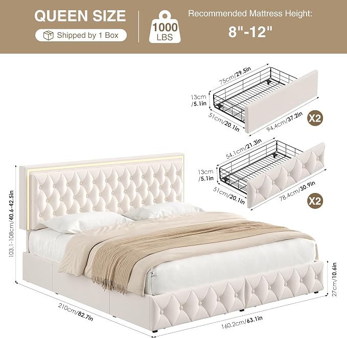 Keyluv Queen Size LED Bed Frame with 4 Storage Drawers and Adjustable Headboard, Velvet Upholstered Button Tufted Modern Platform Bed, Solid Wooden Slats Support, Easy Assembly, Beige