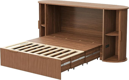 AMERLIFE Full Murphy Bed with Storage Bedside Shelves & Sliding Tambour Door, Modern Cabinet Bed with Charging Station & Curved Fluted Design for Bedroom/Guest/Home Office, Brown