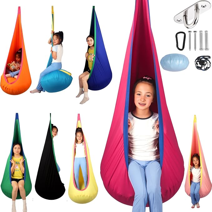 HiCamer Sensory Swing for Kids indoor and outdoor Pod hammock Chair Seat Upgrade Max 300 lbs Hanging Swing with Inflatable Cushion Includes Hardware Hanger Kit for Aspergers Autism ADHD (Cranberry)