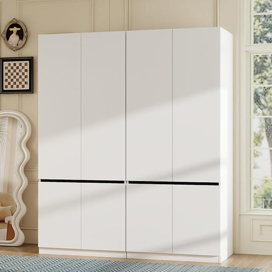 White Armoire Wardrobe Closet: 75" Large Wardrobe Closet with 4 Doors, Modern Bedroom Armoires with Storage Cabinet, Tall Wood Closets for Bedroom