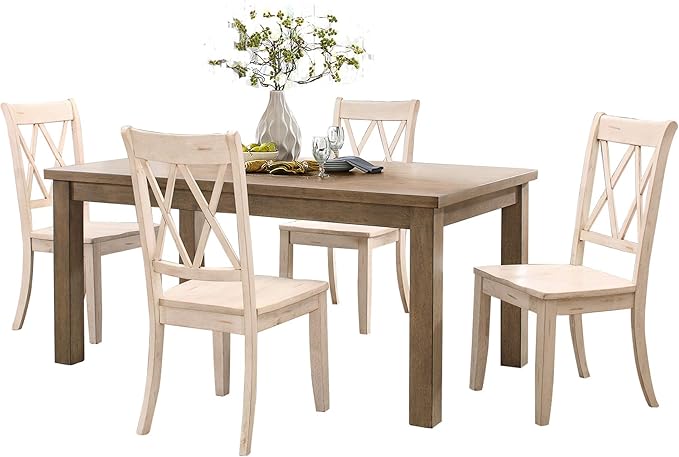 Lexicon Janina 5-Piece Dining Table Set - 66" Wood Kitchen & Dining Room Table with 4 Double X-Back Chairs, Rustic Farmhouse Rectangular Dining Set for Breakfast Nook & Family Meals, White