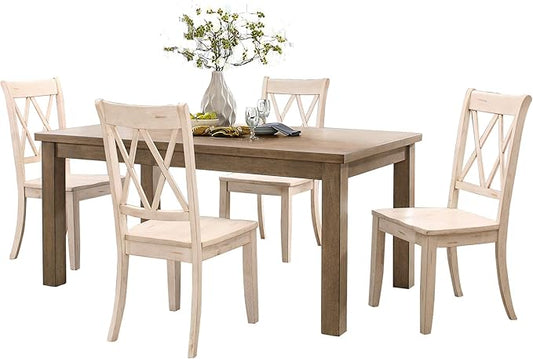 Lexicon Janina 5-Piece Dining Table Set - 66" Wood Kitchen & Dining Room Table with 4 Double X-Back Chairs, Rustic Farmhouse Rectangular Dining Set for Breakfast Nook & Family Meals, White