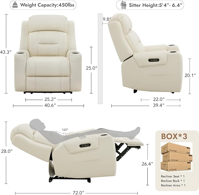Watson & Whitely Oversized Genuine Leather Power Recliner Chairs for Big and Tall, Extra Wide Lay Flat Recliner with Power Headrest & Cup Holders, Electric Reclining Sofa for Living Room, Cream