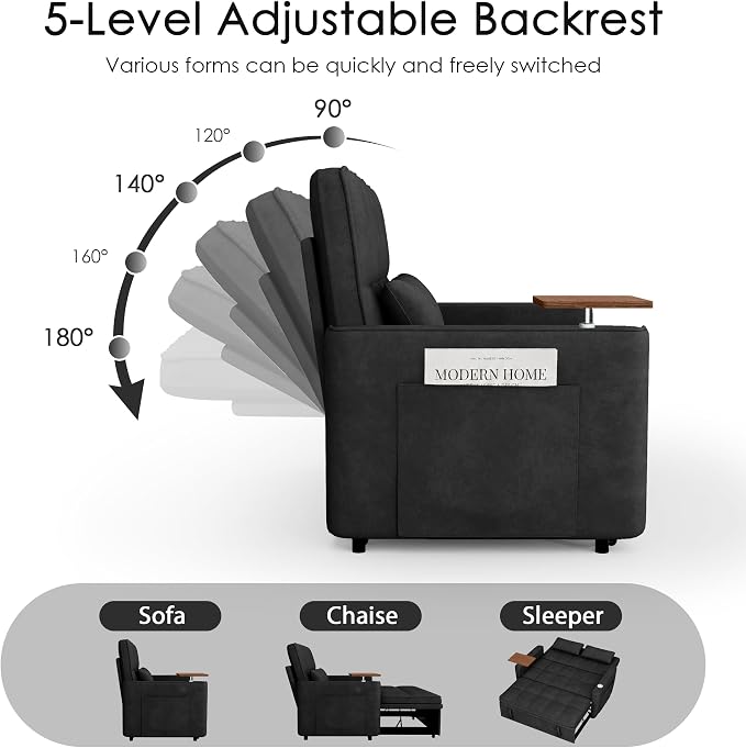 54'' Sleeper Sofa Bed, Convertible Pull Out Couch Futon for for Living Room,Apartment (Black) Side Desk, USB Ports, Cup Hold, Velvet Fabric, Adjustable Backrest, Easy Assembly