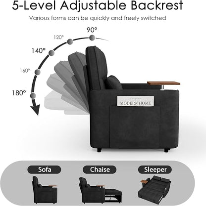 54'' Sleeper Sofa Bed, Convertible Pull Out Couch Futon for for Living Room,Apartment (Black) Side Desk, USB Ports, Cup Hold, Velvet Fabric, Adjustable Backrest, Easy Assembly