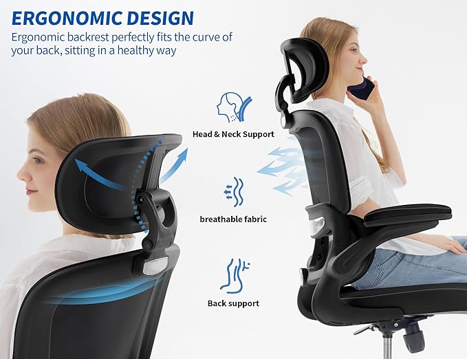 TRALT Ergonomic Office Chair - Desk Chair with Adjustable Headrest Lumbar Support Computer Chair - Mesh Comfy Chair with Flip-up Armrests - Gaming Chair for Adults Home Office PU, Black, Pack of 8