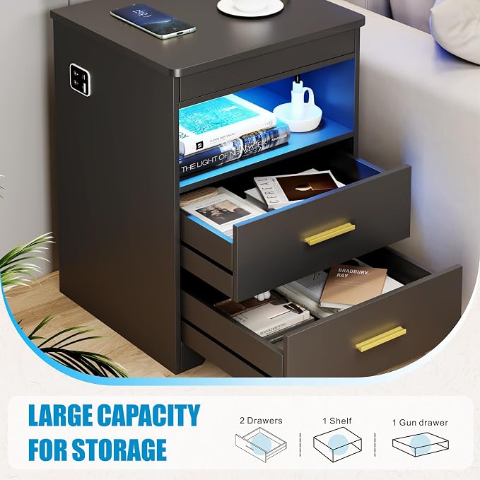 Nightstand with Gun Drawer, Charging Bedside Table with USB-A & Quick-Charge Type-C Port, LED Night Stand with Soft Glow Human Sensor Light, Modern End Table with Drawers for Bedroom Office, Black