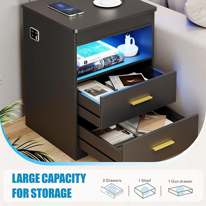 Nightstand with Gun Drawer, Charging Bedside Table with USB-A & Quick-Charge Type-C Port, LED Night Stand with Soft Glow Human Sensor Light, Modern End Table with Drawers for Bedroom Office, Black