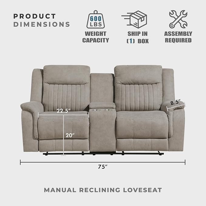 Lexicon Manual Double Reclining Loveseat, Polished Microfiber Manual Wall Hugger Loveseat Recliner for Living Room, Center Storage Console/Cup Holders, Easy Assembly, Dove