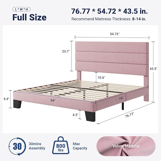 Allewie Full Size Platform Bed Frame with Velvet Upholstered Headboard and Wooden Slats Support, Fully Upholstered Mattress Foundation/No Box Spring Needed/Easy Assembly, Pink