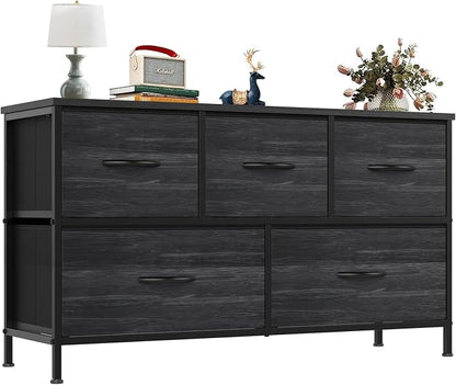 OLIXIS 5 Drawer Dresser for Bedroom, Storage Organizer Unit for Closet | Chest of Drawers for Clothes Storage with Bins, Wide Fabric Bedroom Dresser, Wooden Top, Living Room, Black Wood