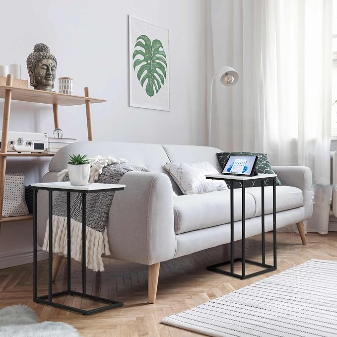 C Shaped Side Table Set of 2, Marble End Table for Sofa and Bed, Couch Table That Slide Under, Snack Side Table for Living Room, Bedroom or Small Spaces, White and Black
