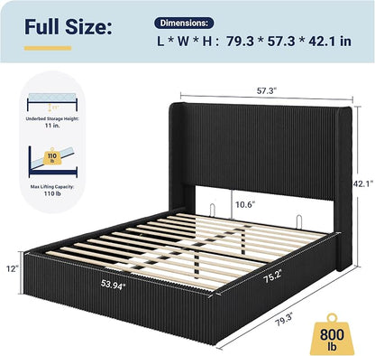 Allewie Full Lift-Up Storage Bed Frame with Modern Wingback Headboard, Corduroy Upholstered Platform Bed, Hydraulic Gas Lift Support, Underbed Storage, Wooden Slats, No Box Spring Needed, Black