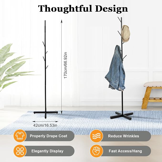 Modern Hall Tree,Floor Standing Coat Rack with 7 Hooks,Entryway Coats Stand for Hallway,Bedroom,Living Room,Office,Black