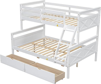 Merax Twin Over Full Bunk Bed with 2 Storage Drawers,Solid Wood Bunk Bed with Ladder and Safety Guardrail for Bedroom Kids Adults, Can be Separated into 2 Beds,White