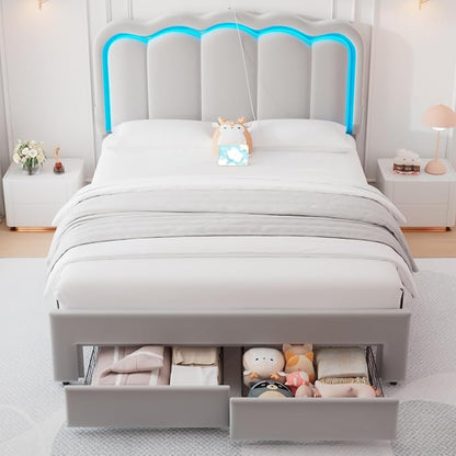 Queen Upholstered LED Bed Frame with 2 Storage Drawers and Adjustable Chic Double Wavy Headboard, Velvet Prince Platform Bed with Charing Station, Solid Wood Slats Support,No Box Spring Needed,Grey