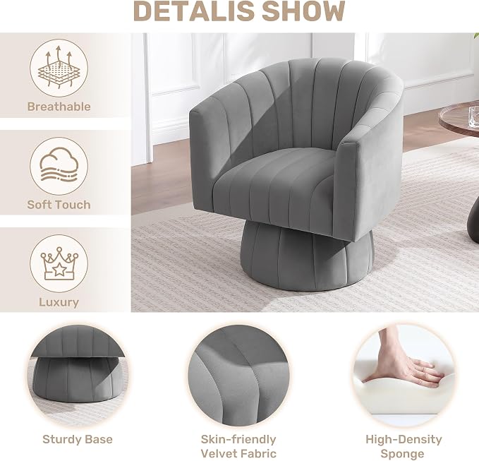 Swivel Accent Barrel Chair Set of 2, Cute Comfy Small Round 360° Arm Chair, Velvet Sofa Club Reading Chair for Living Room Bedroom Office Grey