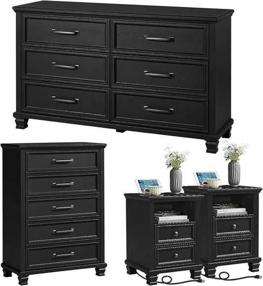 SAVOR LIFE Farmhouse Bedroom Dresser and Nightstand Sets 4 Piece, 5/6 Drawer Dresser & 2 Drawer Nightstand Set for Home, Bedroom, Hallway, Black