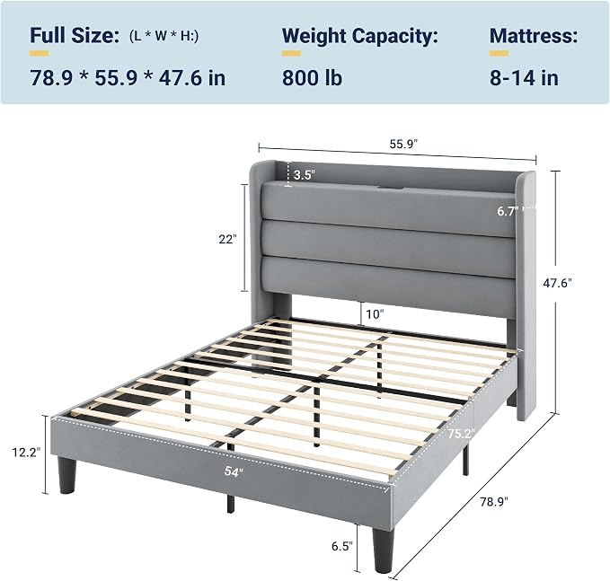 Allewie Full Size Upholstered Bed Frame with Charging Station & Storage Headboard, Soft Velvet Wingback Platform Bed, Strong Wooden Slats Support, No Box Spring Needed, Easy Assembly, Light Grey