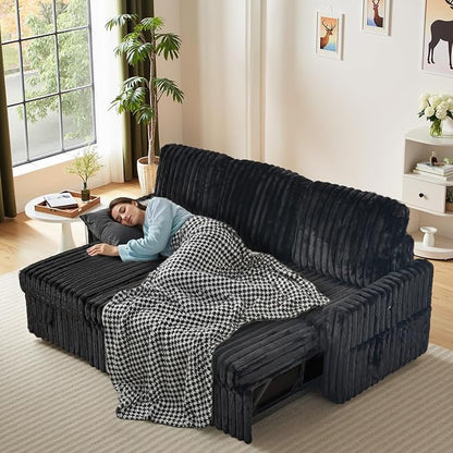 KCGKCG Sleeper Sofa Bed, 81” Pull Out Couch Bed with Reversible Storage Chaise, 3 in 1 L-Shaped Couch with Charging Station, Cup Holder, Side Pocket, Plush Corduroy Couches for Living Room(Black)