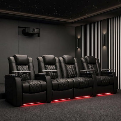 Weilianda Home Theater Seating Top Grain Leather Zero Gravity Recliner Chair Power Headrest Recline Movie Seat Gaming 7 Colors Mood Light Sofa with Tray Table USB Charge Row of 4 Loveseat Middle Black
