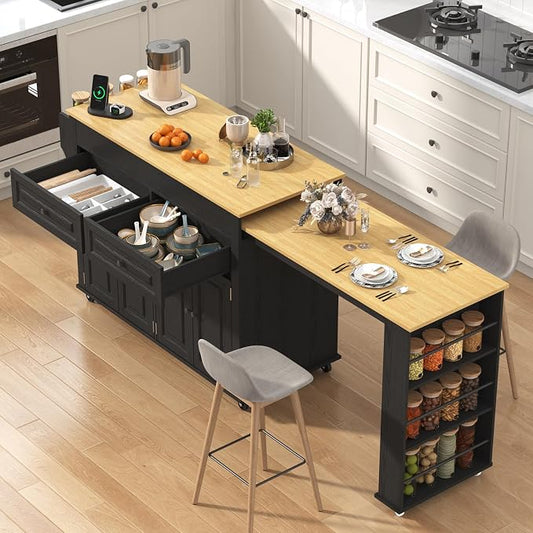 80"-48" Extendable Kitchen Island with Extended Dining Table and Power Outlet,Large Mobile Kitchen Storage Islands with 2 Storage Drawers,Rolling Islands Cart with 3 Extra Rows Open Shelves(Black)