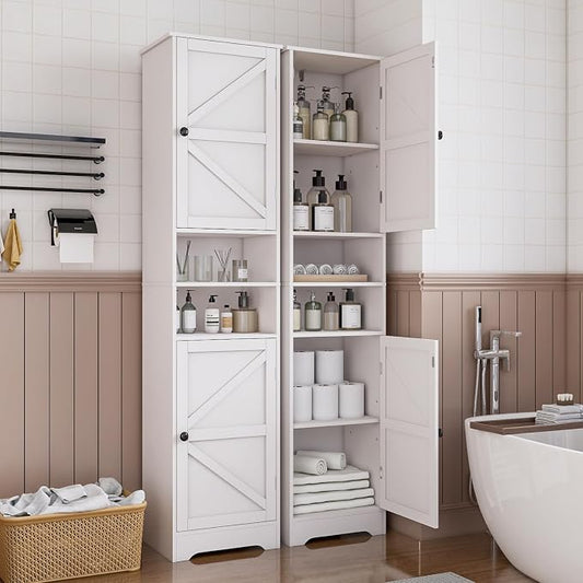 Viaozutis Tall Bathroom Storage Cabinet, Slim Freestanding Cabinet with Adjustable Shelves, Vertical Storage Organizer for Small Bathrooms, Toilet Paper & Daily Essentials Storage（White）
