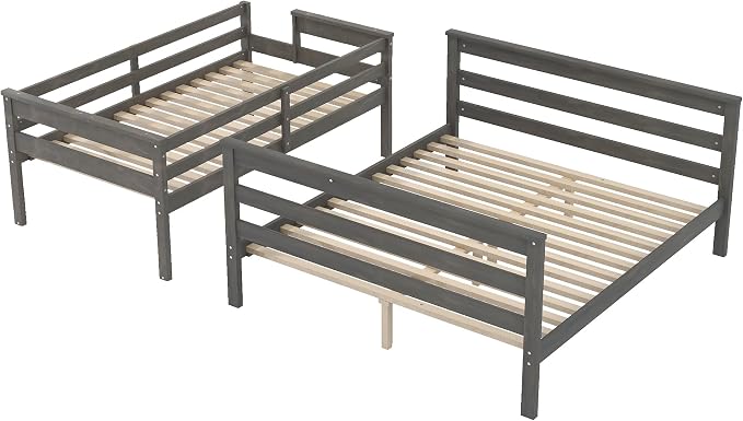 Wood Bunk Bed Twin XL Over Queen Size, Detachable Design Bunk Bed Frame with Safety Guardrail, Ladder and Sturdy Slats Support (Grey-4.21)