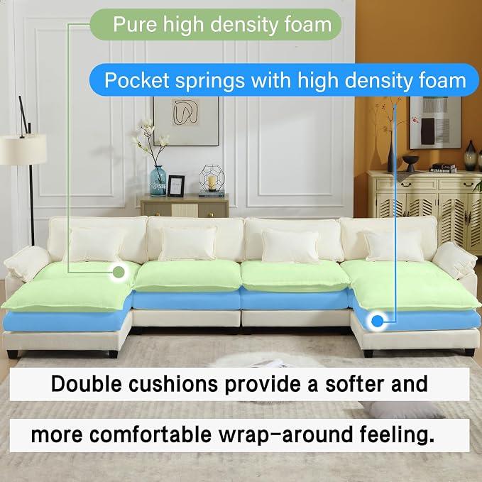 Oprisen 154" Modular Sectional Sofa, Comfy Cloud Couch Sectional Sofa with Ottoman, Chenille Sofa Sleeper Deep Seat Sofa with Throw Pillows for Living Room (Beige White, 154"- U Shape)