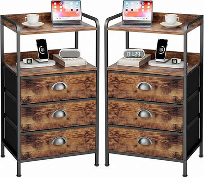 Night Stand Set 2, Nightstand with 3 Fabric Drawers and 2-Tier Shelf, Small Dresser Organizer, Bedside Table with Storage, End Table for Bedroom, Steel Frame, Wood Top, Rustic Brown