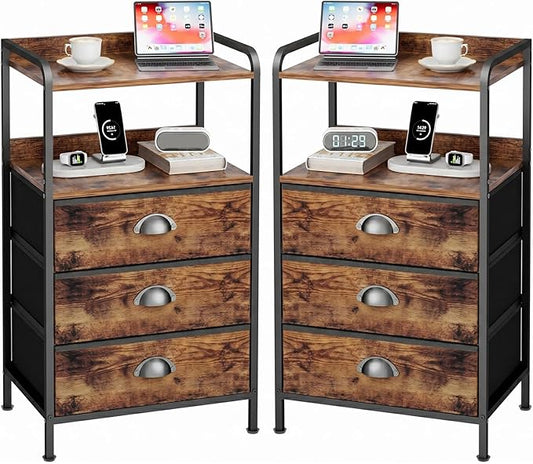 Night Stand Set 2, Nightstand with 3 Fabric Drawers and 2-Tier Shelf, Small Dresser Organizer, Bedside Table with Storage, End Table for Bedroom, Steel Frame, Wood Top, Rustic Brown