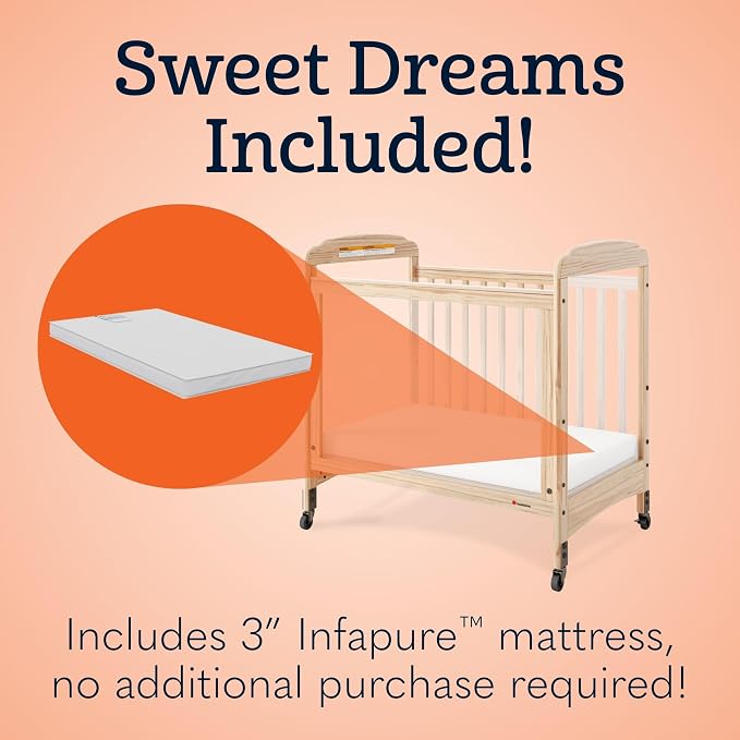 Foundations Serenity Compact 3 Side Clearview Daycare Crib Natural, Fixed Side, Durable Wood Construction, Non-Marking Casters (2 Locking), Includes 3” InfaPure Foam Mattress
