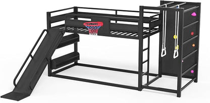 Bellemave Twin XL Bunk Bed with Basketball Hoop, Pull-up Rings and Climbing Wall, Twin XL Bunk Bed with Slide and Bookcase, Heavy Duty Bunk Beds with Guardrail, Black