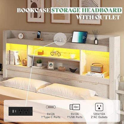 AMERLIFE California King Size Bed Frame with 4 Storage Drawers, LED Bed Frame with 49.6" Tall Bookcase Headboard, Wood Platform Bed with Charging Station & 2 Slide Bedside Shelf, Distressed White