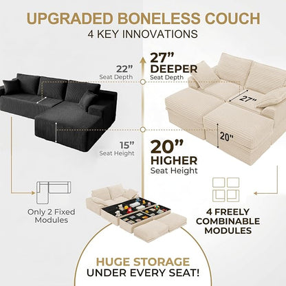 Upgrade Boneless Couch with Storage, Extra Deep&High Seat Modular Sectional Sofa 2 Seater Loveseat Sofa with Ottoman, Tool-Free Assembly Sectional Couches for Living Room Bedroom Apartment