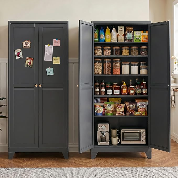 75" Metal Kitchen Pantry Cabinet with Dual Handles & Adjustable Legs, Freestanding Storage Cabinet with Doors and 5 Adjustable Shelves, Tall Food Pantry for Kitchen Dining Room, Black