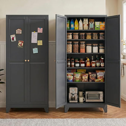 75" Metal Kitchen Pantry Cabinet with Dual Handles & Adjustable Legs, Freestanding Storage Cabinet with Doors and 5 Adjustable Shelves, Tall Food Pantry for Kitchen Dining Room, Black