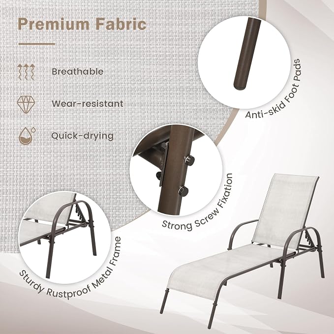 Giantex Patio Lounge Chair, Outdoor Chaise Lounge with 5 Adjustable Backrest, Sturdy Steel Frame, Sunbathing Recliner, Beach Chair, Tanning Chair for Outside, Yard, Balcony, Pool Chairs, Grey