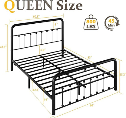 Fluest 14 Inch Queen Bed Frame Classic Metal Platform Bed Frame with Charging Station & LED, Victorian Style Iron-Art Headboard/Footboard, Under Bed Storage, No Box Spring Needed, Noise Free
