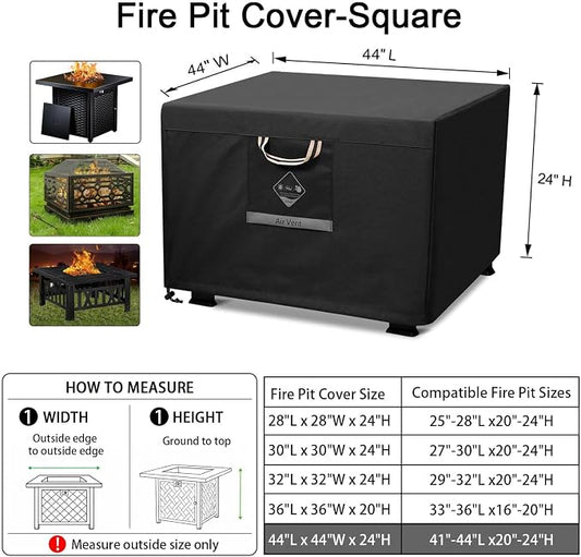 QH.HOME Fire Pit Cover Square Super Waterproof, 44" L x 44" W x 24" H Outdoor Firepit Table Cover 600D Strong Tear Resistant, UPF 50+ Fire Pit Cover Fading Resistant for Square Fire Pit - Black