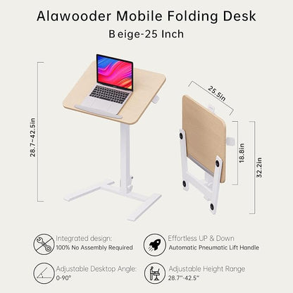 alawooder 25" Mobile Folding Desk: Pneumatic Sit-Stand, No Assembly | 29-42" Height Adjustable Rolling Laptop Desk, Hidden Wheels, 0-90° Tilt Top. Ideal for Home Office, Craft & Study.